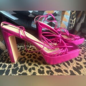 Reitoye Hot Pink High Heeled Sandals with Platform Sole and Strappy Design